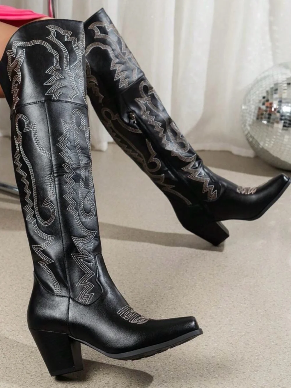 SHEIN Black Over-the-Knee Western Embroidered Boots